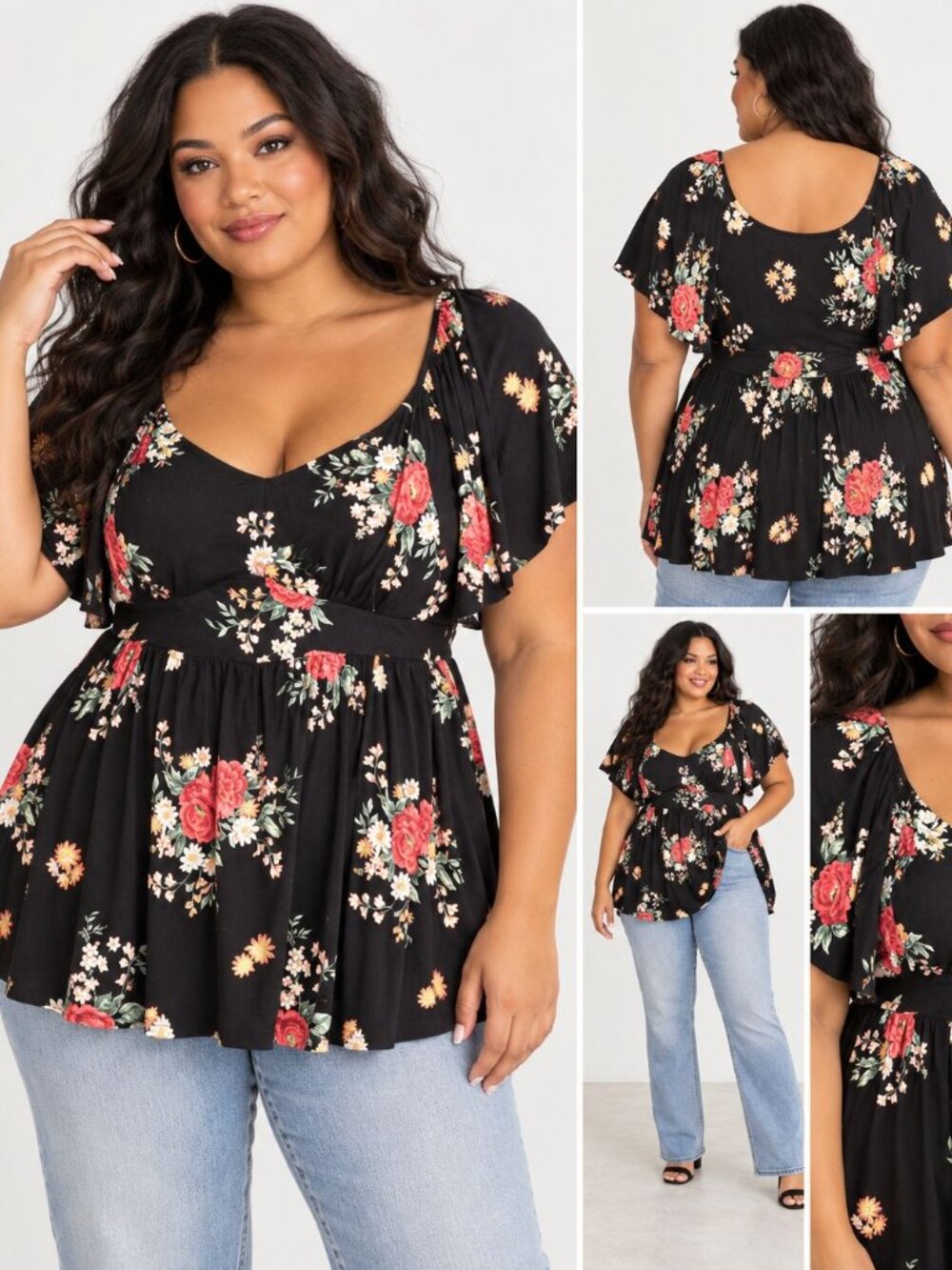 Torrid Super Soft Floral Babydoll Top 2X Black Plus Size Cottagecore